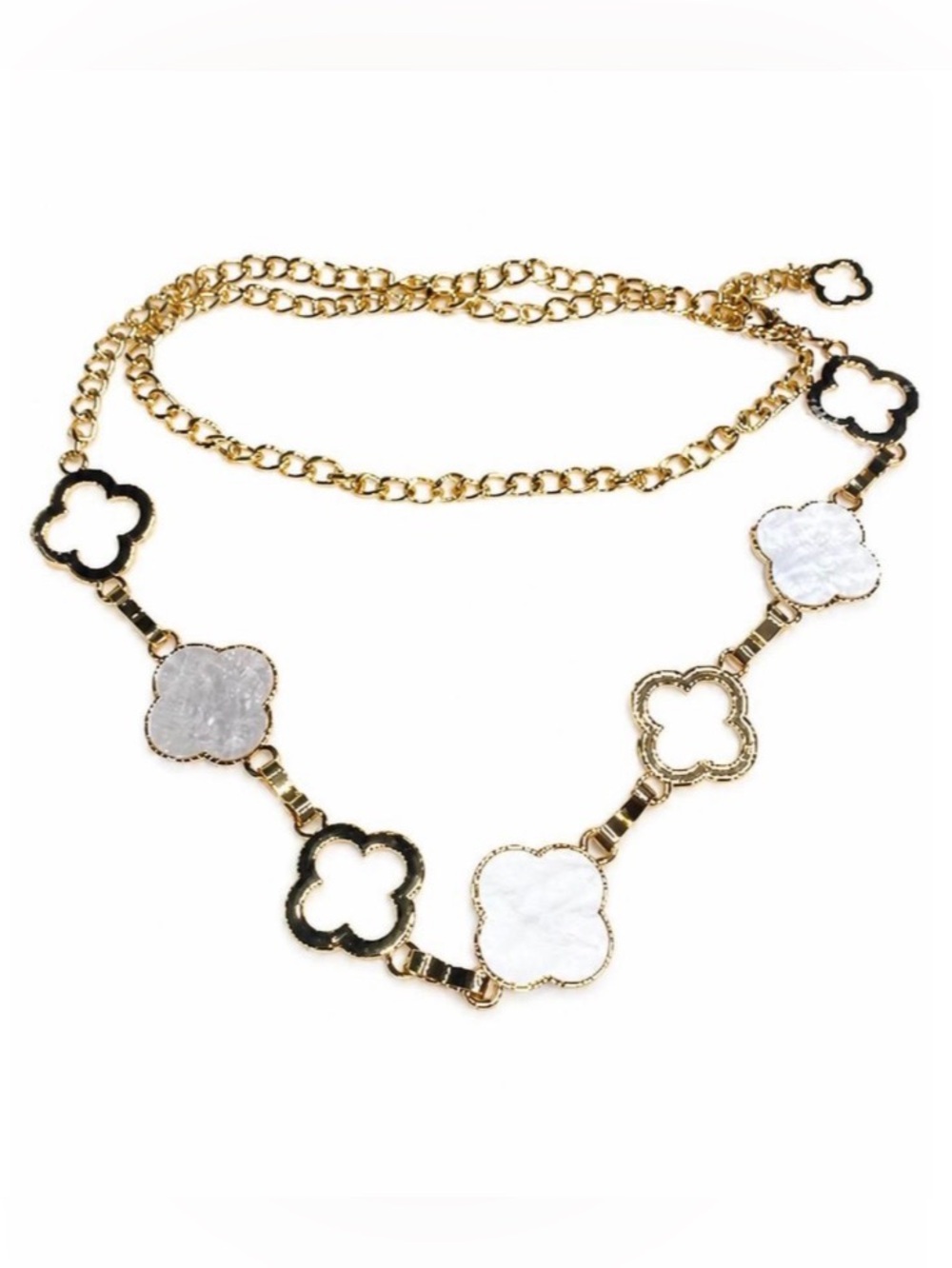 Gold-Tone Clover Link Belt with White Inlay Accents